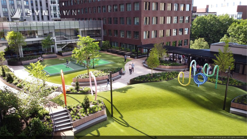 image of SYNLawn artificial grass at Kendall Square Green Garage Boston Massachusettes Google Parking Lot Square