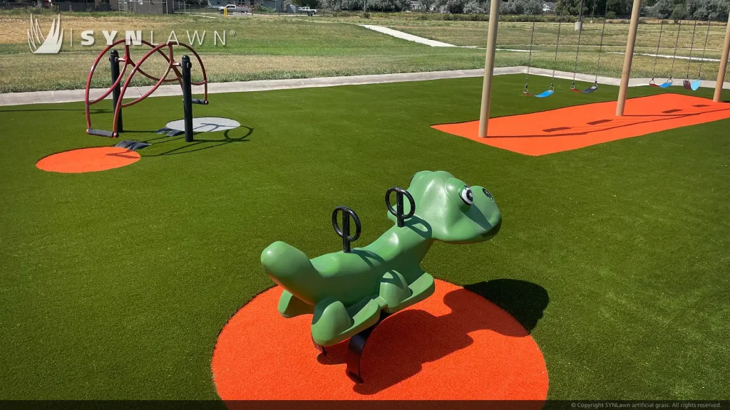 image of SYNLawn artificial grass for playgrounds in Green Orange and Gray colors at Newcastle Elementary Wyoming