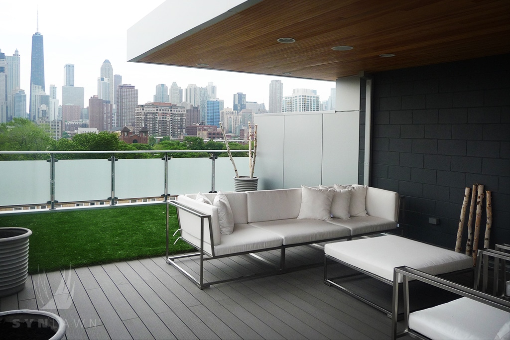 image of city view rooftop deck with fake turf