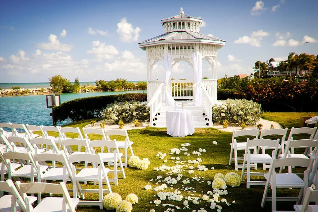 image of hawks cay resort wedding ceremony with a white gazebo