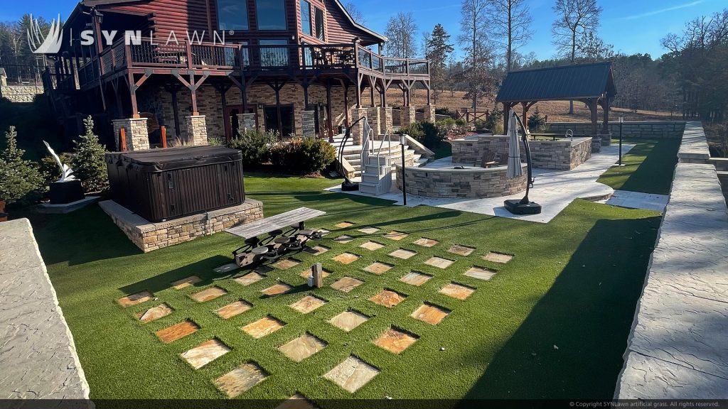 image of SYNLawn artificial grass at luxurious vacation home located in the Mountains of North Georgia with Basketball Tennis Pickelball Bocce Courts Archery Range and more