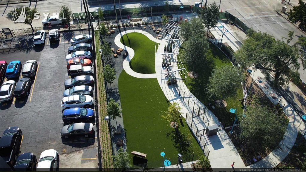 image of SYNLawn artificial pet grass at Trebly Dog Park located in downtown Houston Texas