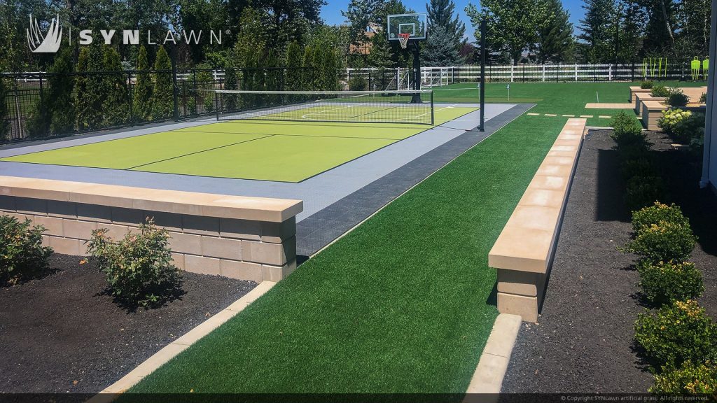 image of SYNLawn Idaho artificial grass sports field putting green tennis and basketball court installed at residential home