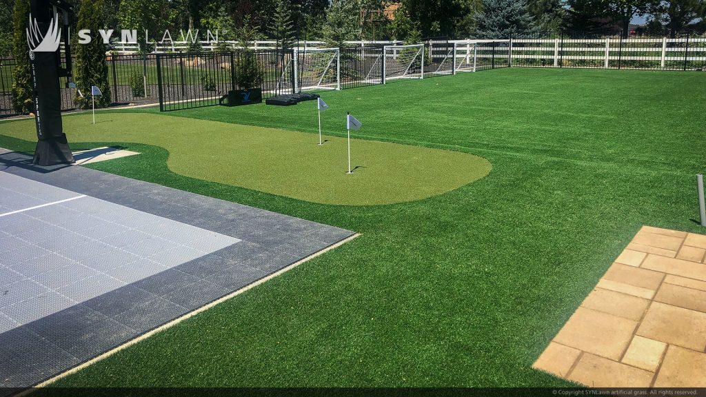 image of SYNLawn Idaho artificial grass sports field putting green tennis and basketball court installed at residential home