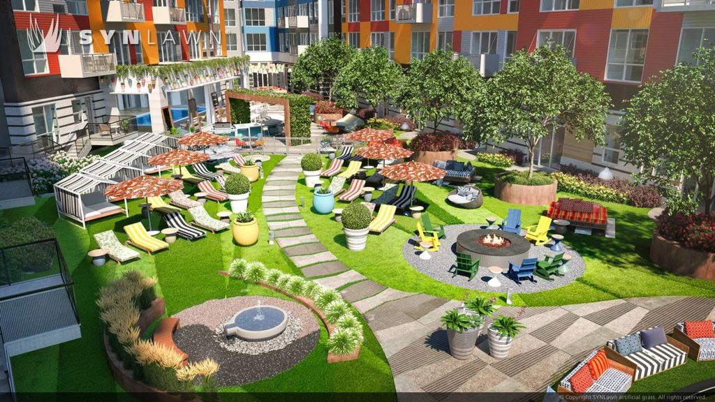 image of SYNLawn Michigan Detroit City Club Apartments Multi-Family Condos Outdoor Courtyard with Artificial Grass Terrace