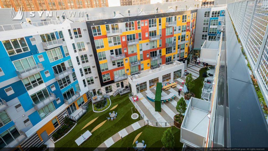 image of SYNLawn Michigan Detroit City Club Apartments Multi-Family Condos Outdoor Courtyard with Artificial Grass Terrace