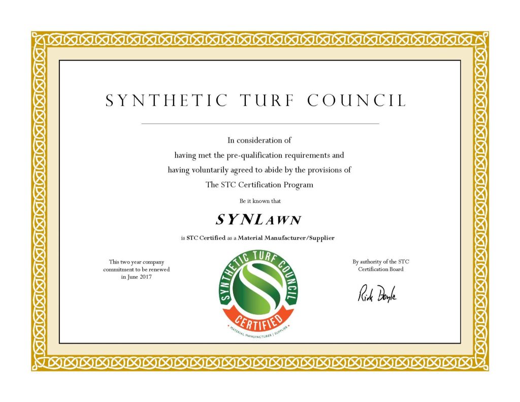 image of synlawn certificate from synthetic turf council