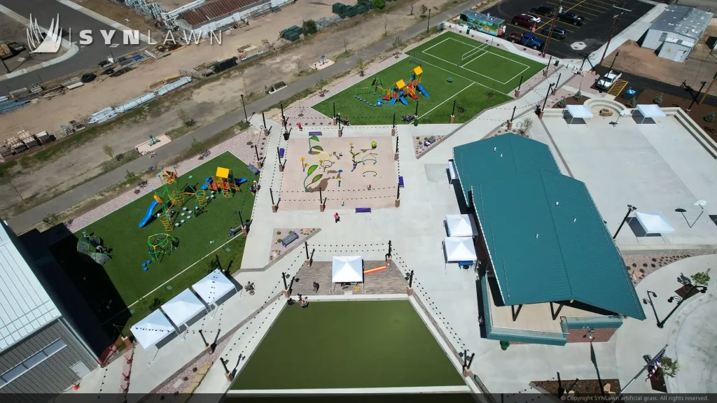aerial image of SYNLawn artificial grass at Glenrock Wyoming Town Square and Community Amphitheater