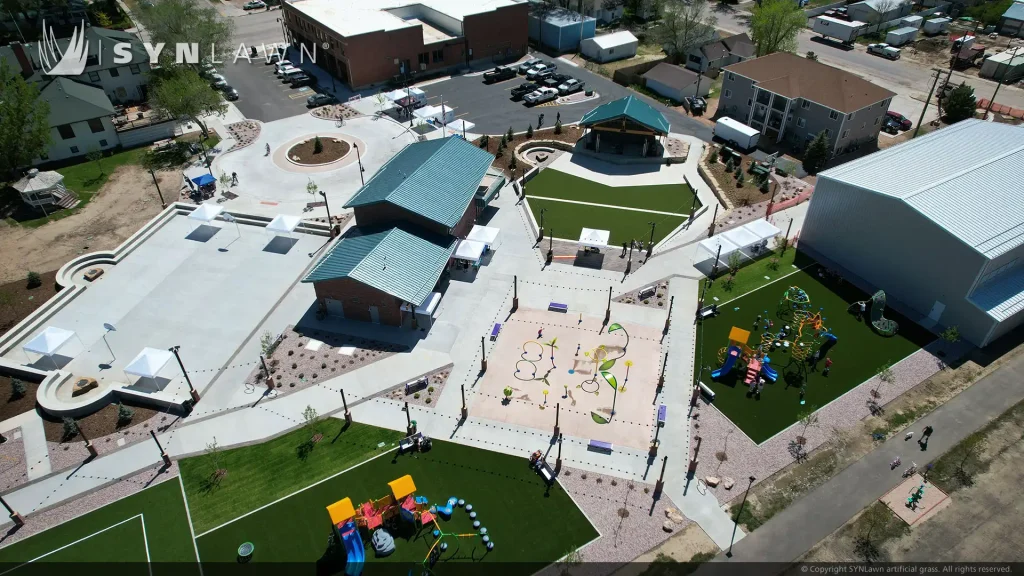 aerial image of SYNLawn artificial grass at Glenrock Wyoming Town Square and Community Amphitheater