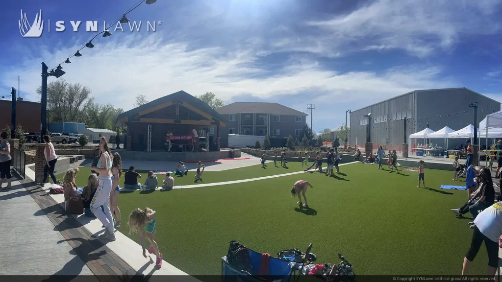 aerial image of SYNLawn artificial grass at Glenrock Wyoming Town Square and Community Amphitheater