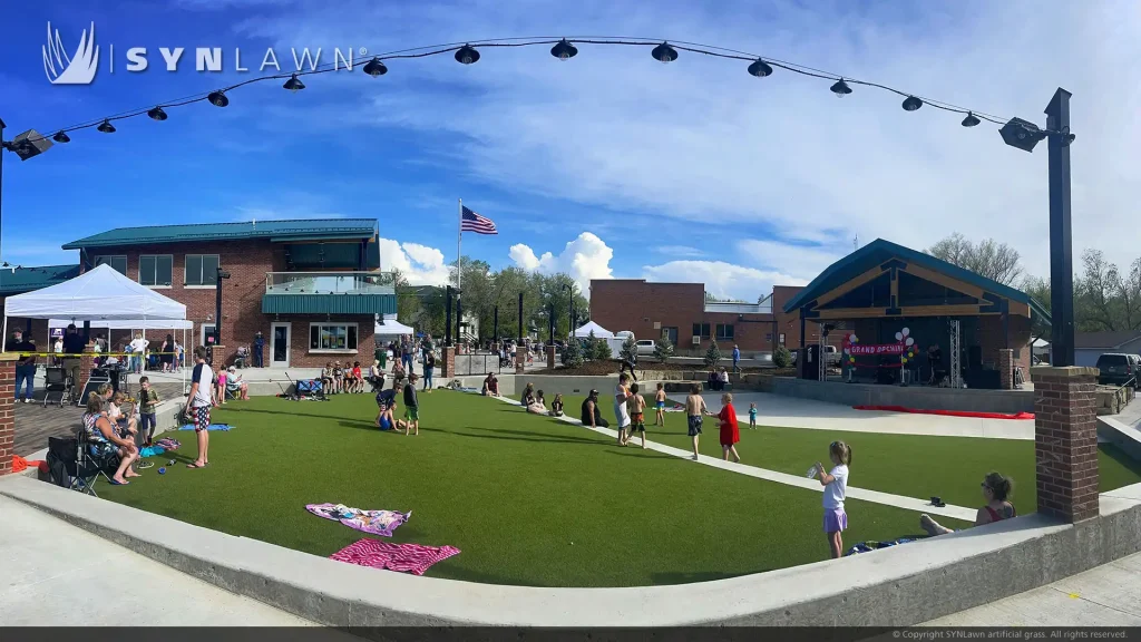 aerial image of SYNLawn artificial grass at Glenrock Wyoming Town Square and Community Amphitheater