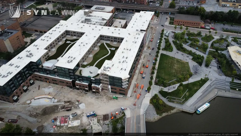 image of aerial view of SYNLawn artificial grass at Riverside roof top of Promenade Park Fort Wayne Indiana