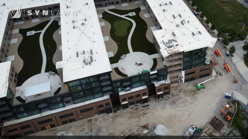 image of aerial view of SYNLawn artificial grass at Riverside roof top of Promenade Park Fort Wayne Indiana