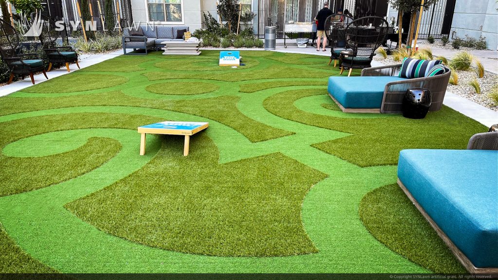 image of custom designed pre fabricated SYNLawn artificial grass at Elysian luxury apartments Las Vegas Nevada