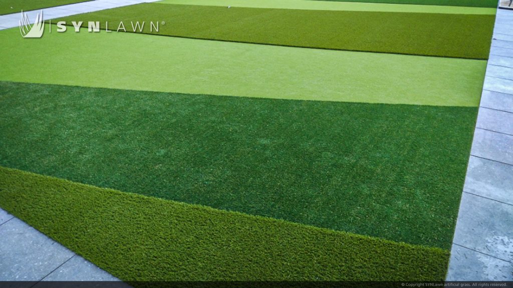 image of synlawn artificial grass custom inlaid turf design roof top at hewlett packard campus offices in Houston Texas