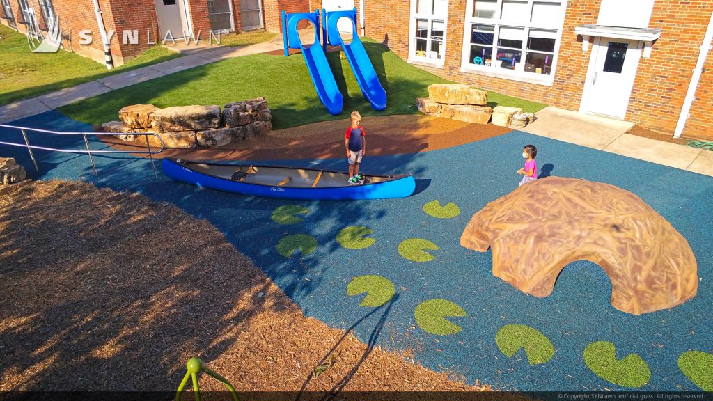 image of Child safe SYNLawn artificial playground grass and poured in place rubber surfacing at Reed Elementary Ladue, Missouri