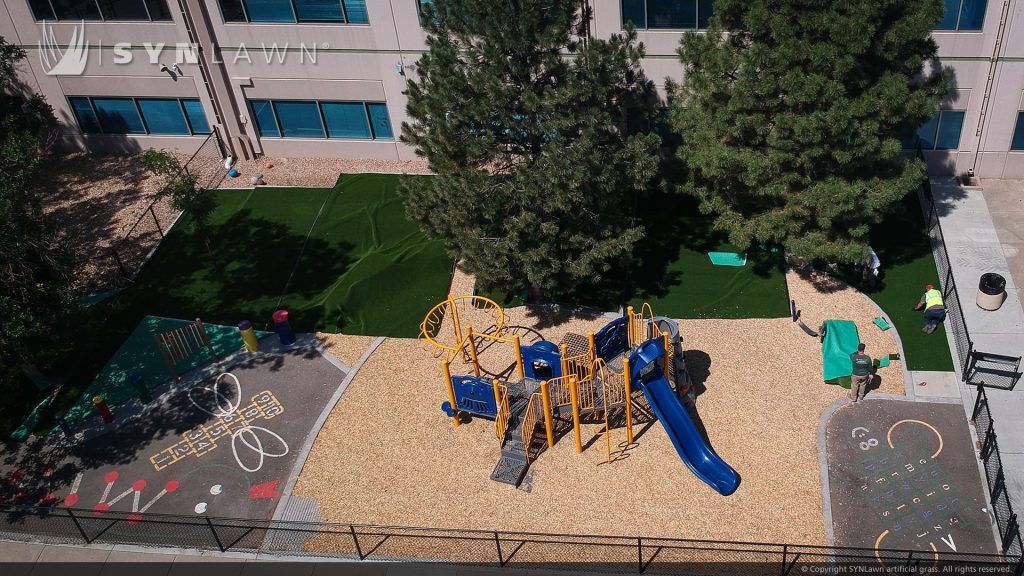 image of synlawn artificial playground grass at stem school highlands ranch Colorado