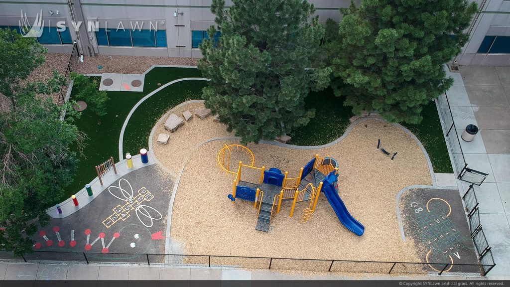image of synlawn artificial playground grass at stem school highlands ranch Colorado