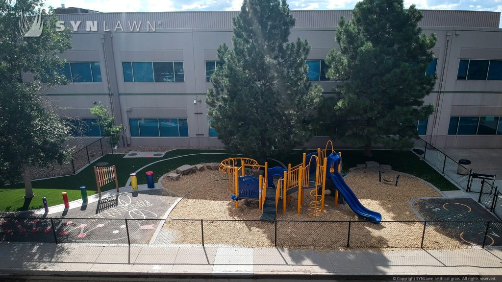 image of synlawn artificial playground grass at stem school highlands ranch Colorado