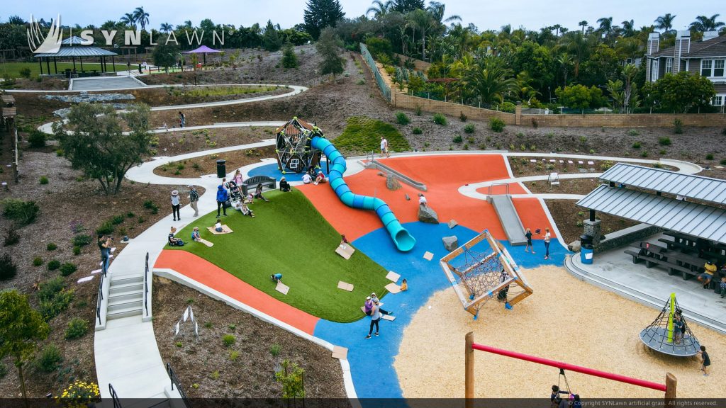 image of SYNLawn child safe artificial playground grass at Olympus Park in Encinitas California