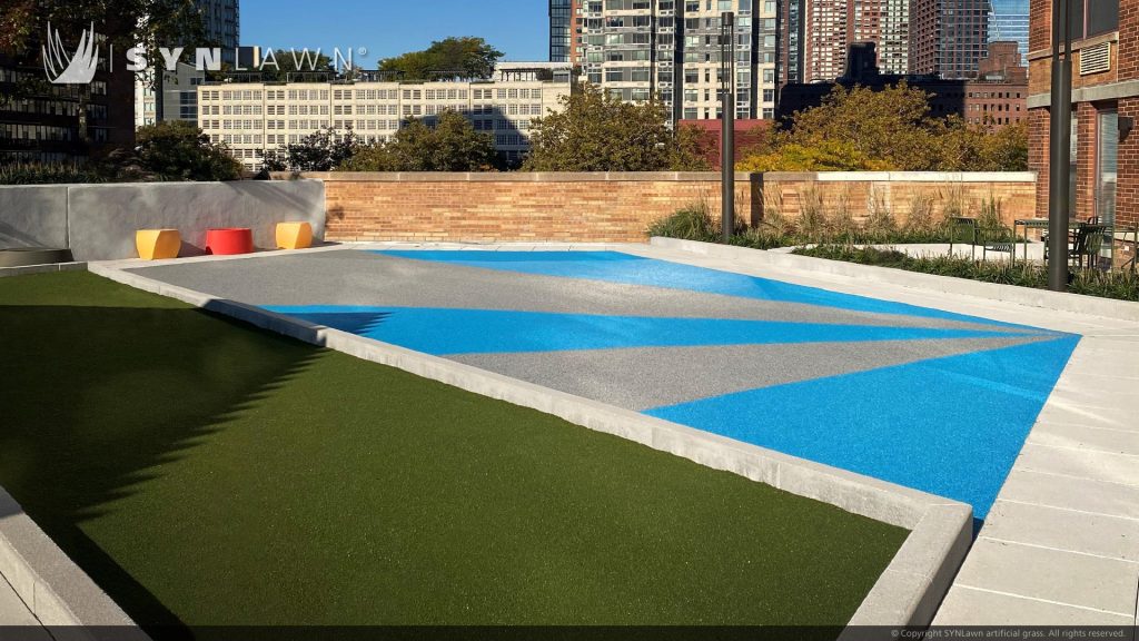 image of SYNLawn SYNCourt Poured in Place Rubber Playground Surface at the Gotham Apartments Rooftop in Jersey City New Jersey