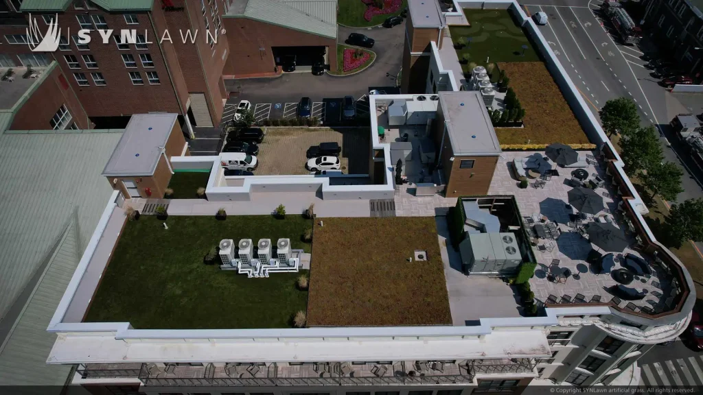 image of SYNLawn artificial grass installed at the Brenton Hotel Roof rooftop putting green and lounge area Newport Rhode Island