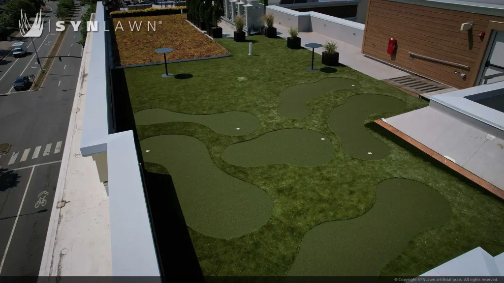 image of SYNLawn artificial grass installed at the Brenton Hotel Roof rooftop putting green and lounge area Newport Rhode Island