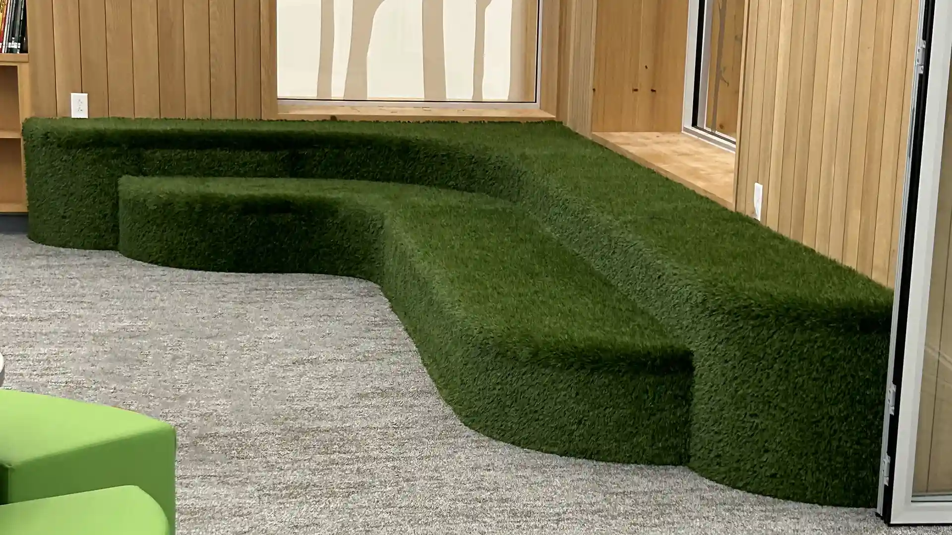image of synthetic grass installation at ECISD Library reading nook in San Antonio Texas
