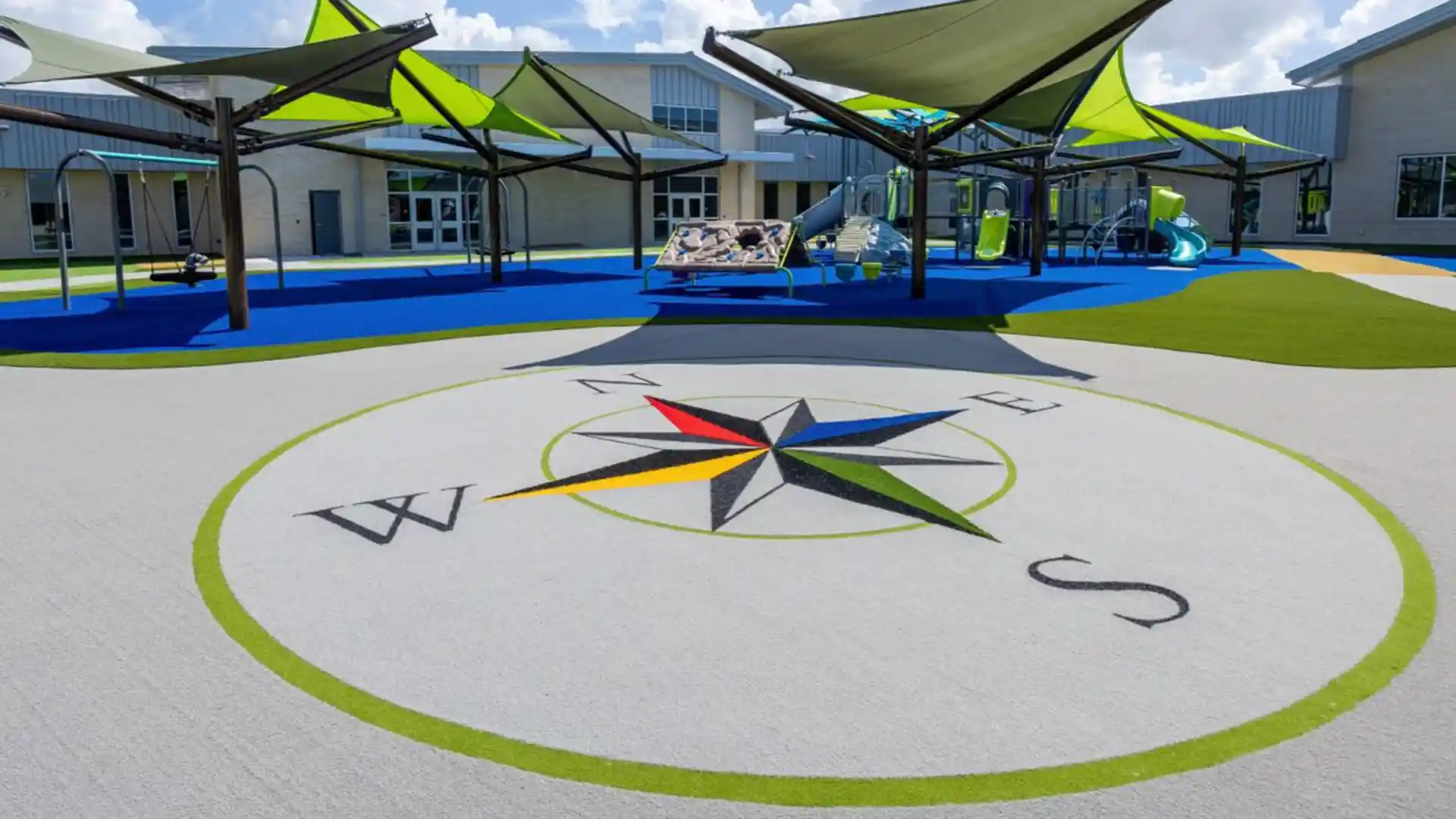 Custom logo fabricated using multiple colors of artificial playground grass by SYNLawn at Texas school playground image of custom logo fabricated from multiple colors of artificial grass by SYNLawn at Texas school playground