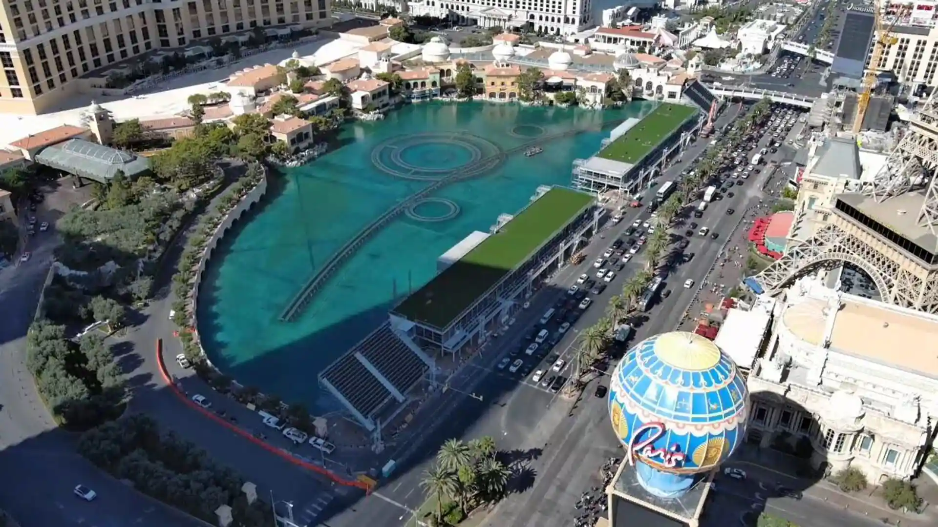 SYNLawn artificial grass covers the Las Vegas Formula 1 viewing area in front of the Bellagio Resort and Casino image of synlawn artificial grass installed for las vegas formula one viewing areas