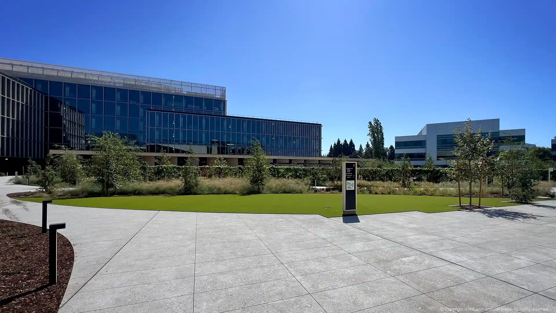 SYNLawn artificial grass pet grass park installation at Google Headquarters in Sunnyvale California image of synlawn artificial grass for pets installed at google headquarters pet park
