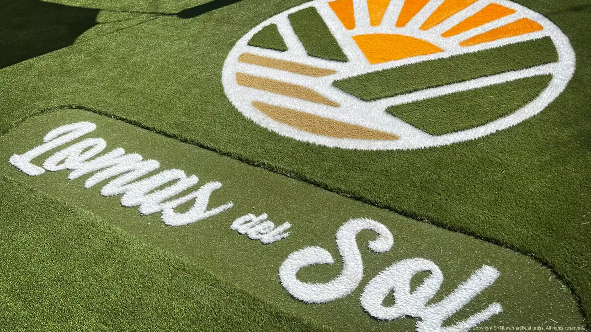 Custom synthetic turf logo in Aldama, Guanajuato, México image of child safe artificial grass with custom logo in aldama guanajuato méxico